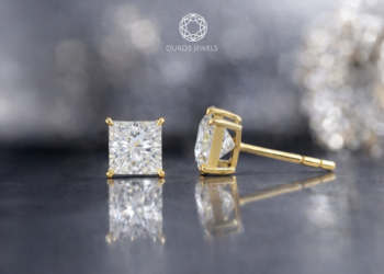 Princess cut diamond stud earrings for women with minimalist design.