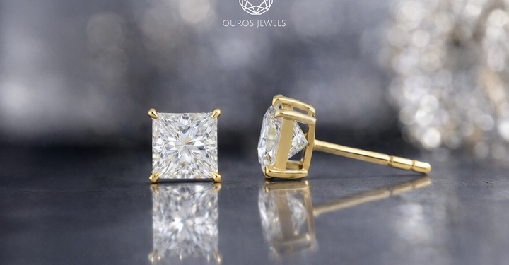 Princess cut diamond stud earrings for women with minimalist design.