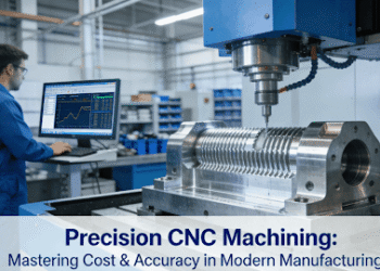 Modern CNC machining center operating in industrial facility with engineer monitoring precision manufacturing process