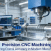 Modern CNC machining center operating in industrial facility with engineer monitoring precision manufacturing process