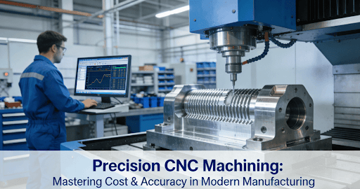 Modern CNC machining center operating in industrial facility with engineer monitoring precision manufacturing process